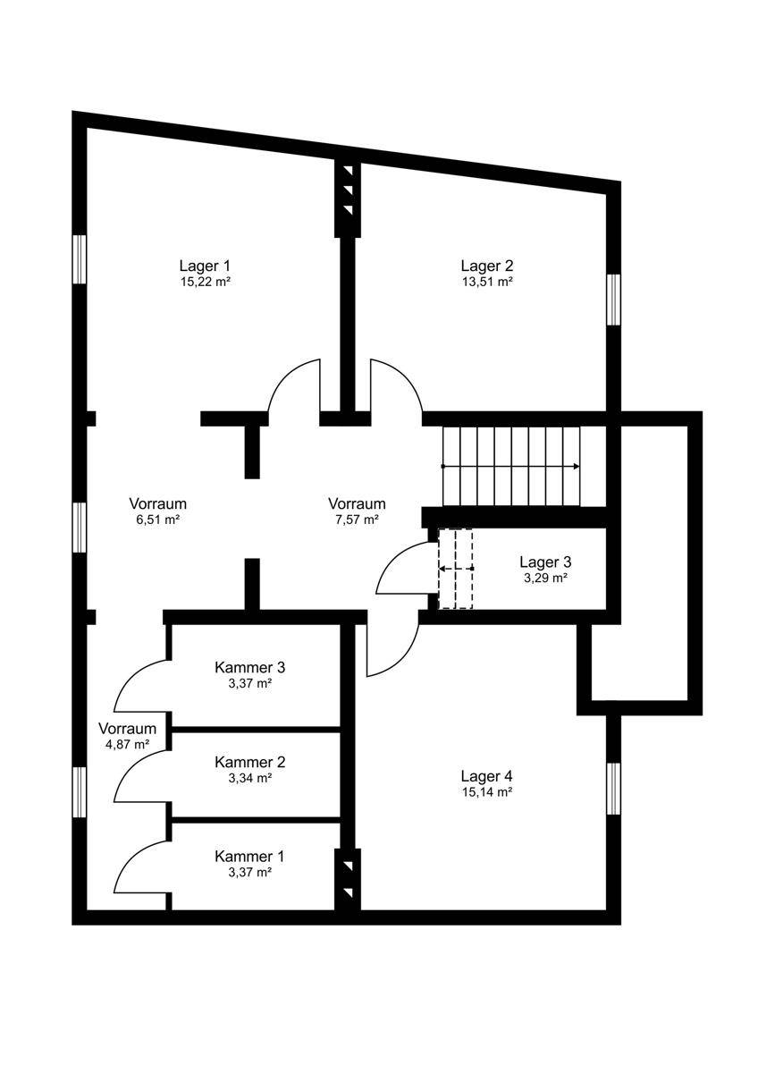 Grundrissplan einer Etage mit mehreren Lagerräumen und Kammern.