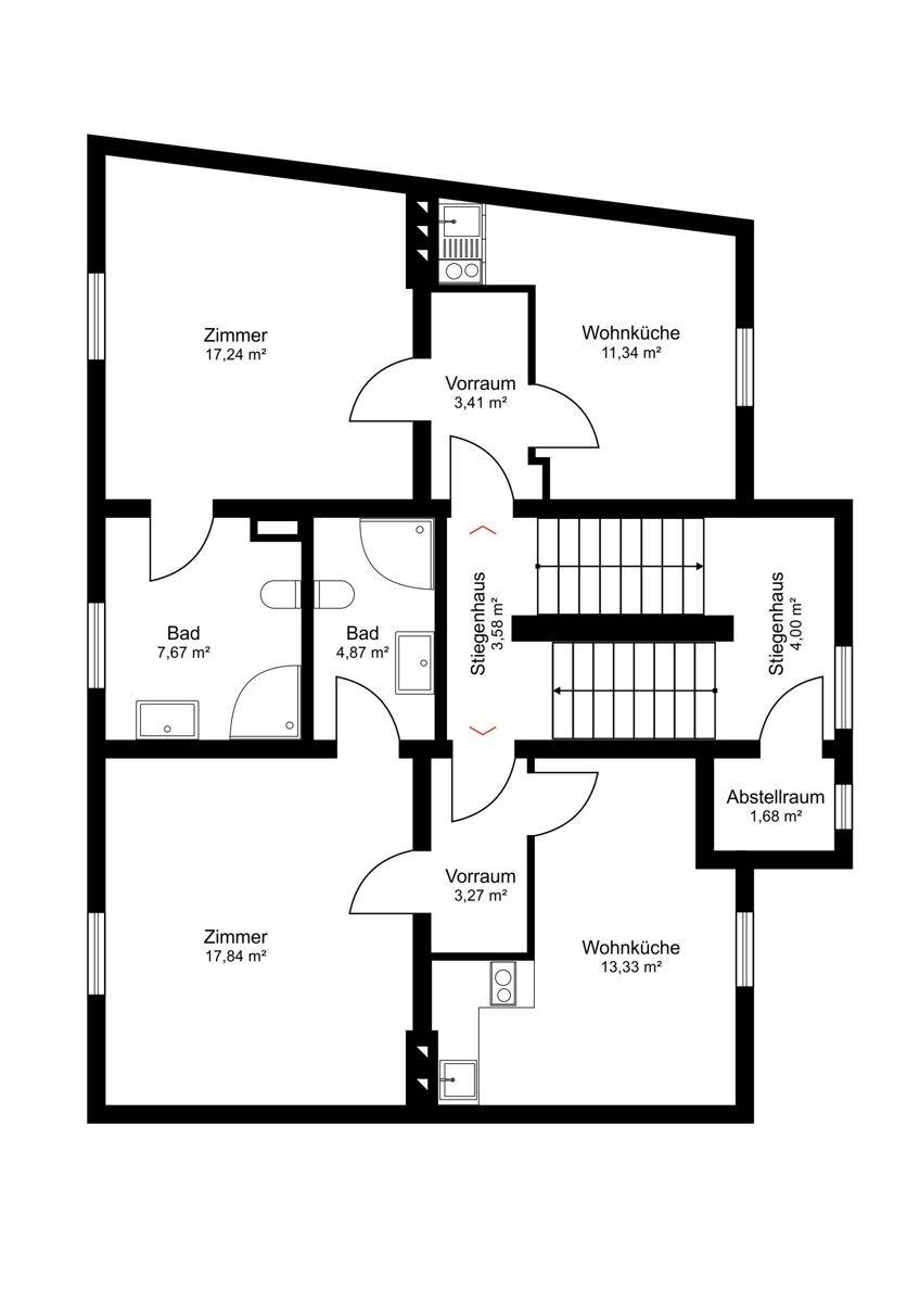 Grundrissplan einer Etage mit Zimmern, Wohnküchen und zwei Bädern.