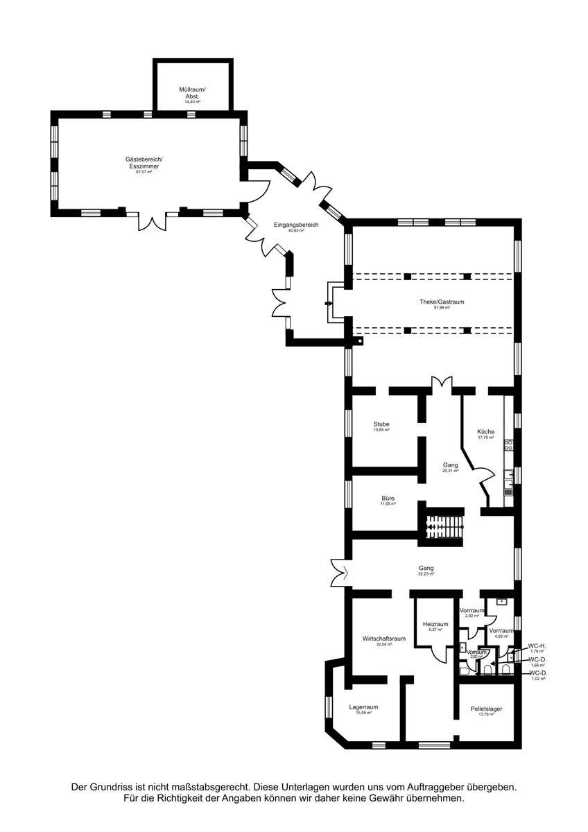 Grundriss des Erdgeschosses mit Gastraum, Küche und weiteren Funktionsräumen.