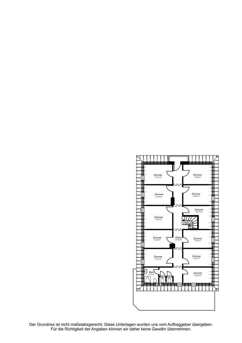 Grundriss des Dachgeschosses mit mehreren Zimmern und Dachschrägen.