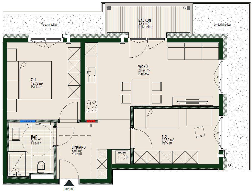 Übersichtlicher Grundriss mit offenem Wohnbereich, zwei Schlafzimmern und einem Balkon.