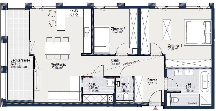 Detaillierter Grundriss einer Wohnung mit Dachterrasse, zwei Schlafzimmern und offenem Wohnbereich.