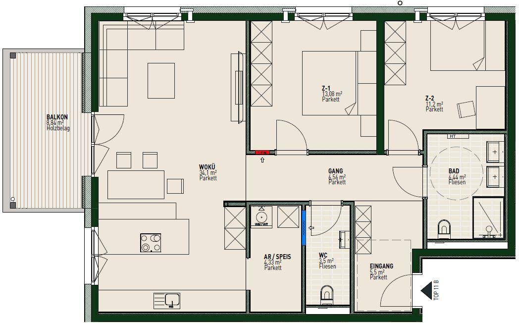 Detaillierter Grundriss mit offenem Wohnbereich, zwei Schlafzimmern und Balkon.
