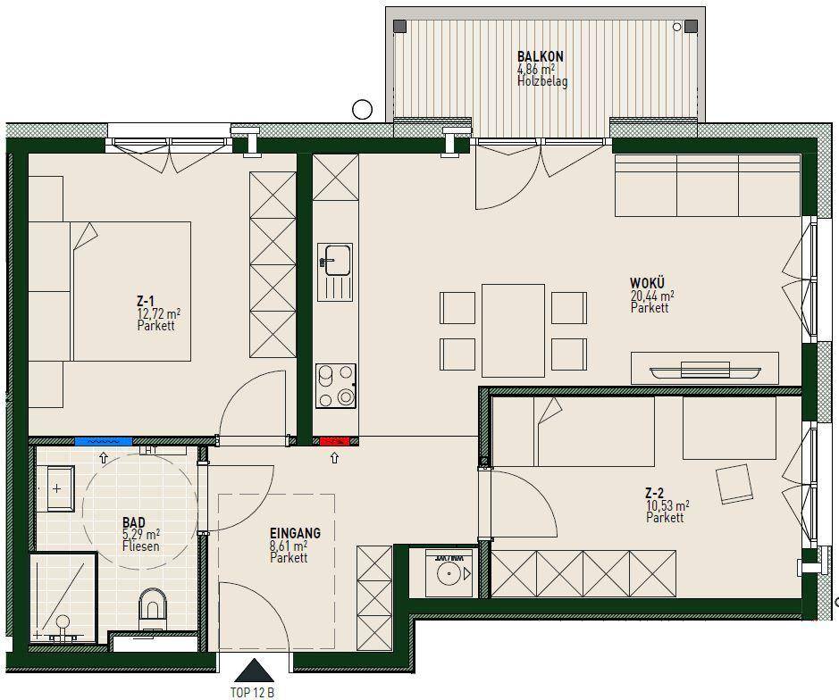 Übersichtlicher Grundriss einer Wohnung mit zwei Zimmern, Bad und Balkon.
