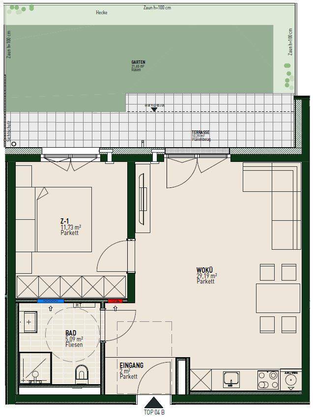 Grundriss einer Wohnung mit offenem Wohnbereich, Schlafzimmer, Bad, Terrasse und Garten.
