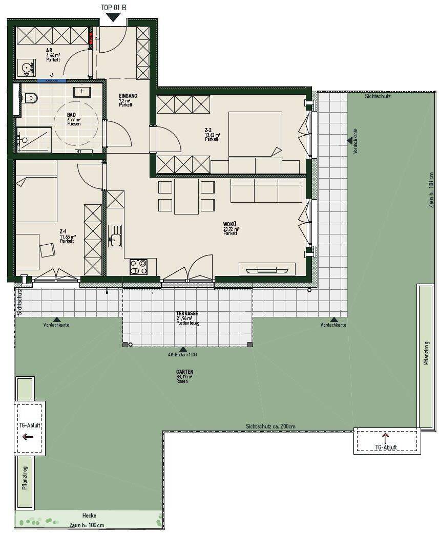 Detaillierter Grundriss mit offenem Wohnbereich, Terrasse und großem Garten.
