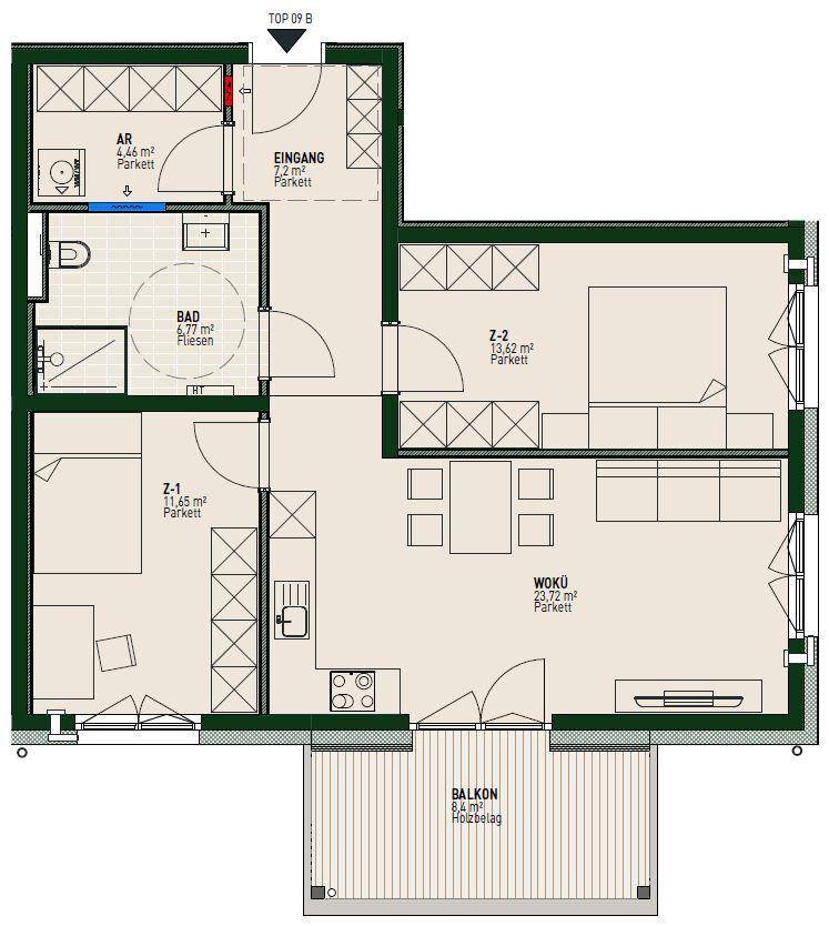 Detaillierter Grundriss einer Wohnung mit offenem Wohnbereich, zwei Schlafzimmern und Balkon.