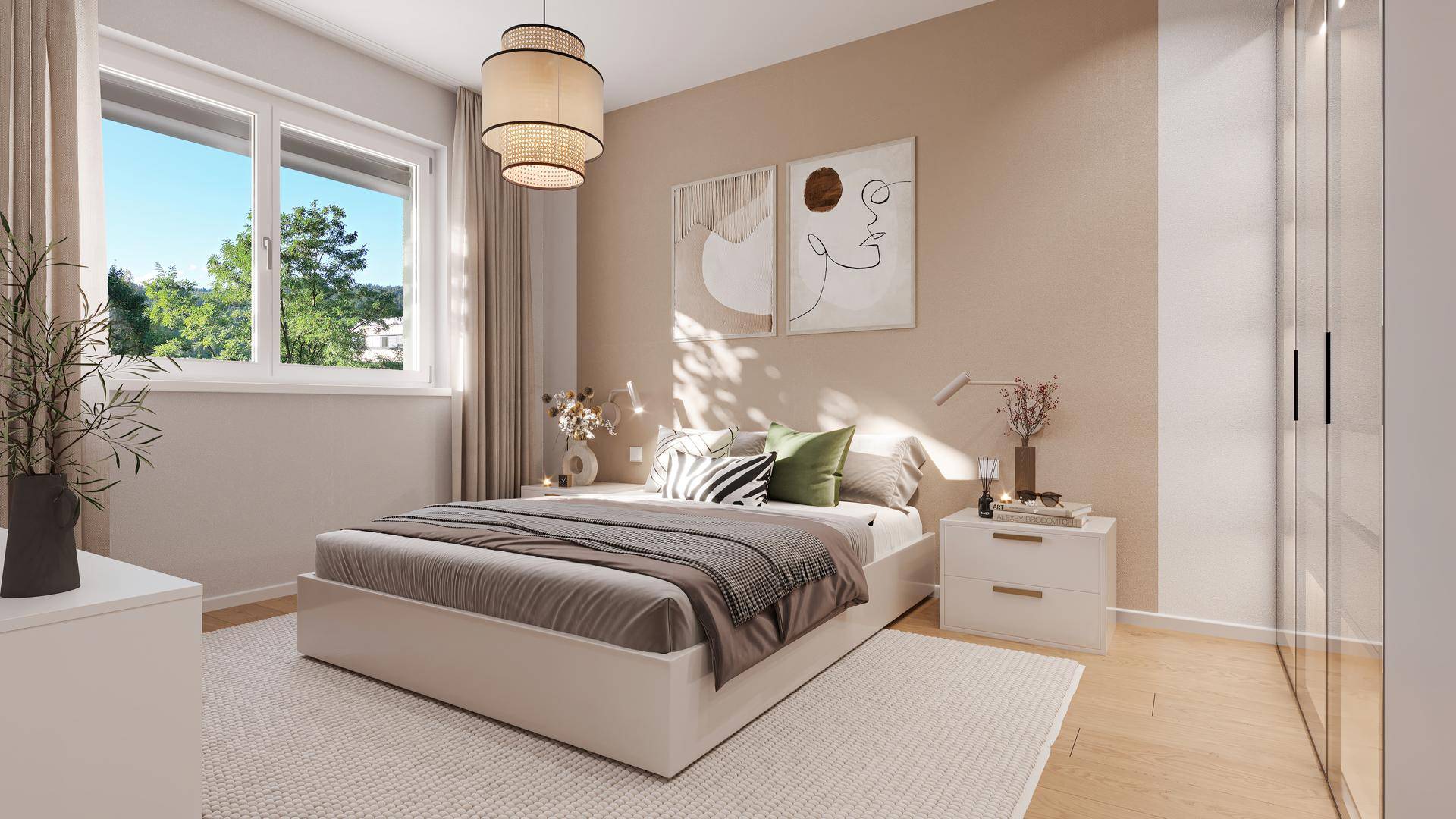Modernes Schlafzimmer mit großem Fenster, hellem Holzboden und stilvoller Dekoration.