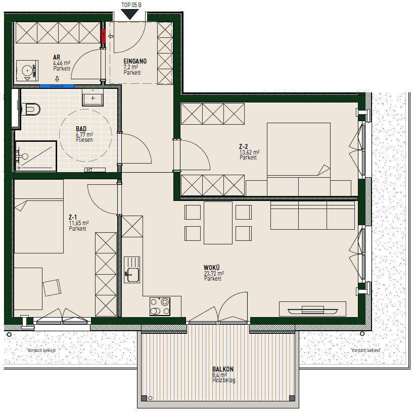 Grundriss einer Wohnung mit offenem Wohnbereich, zwei Schlafzimmern, Bad und Balkon.