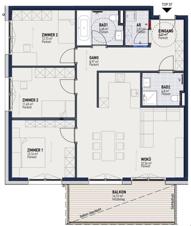 Grundriss einer Wohnung mit drei Zimmern, zwei Bädern, offenem Wohn-Essbereich und einem überdachten Balkon.
