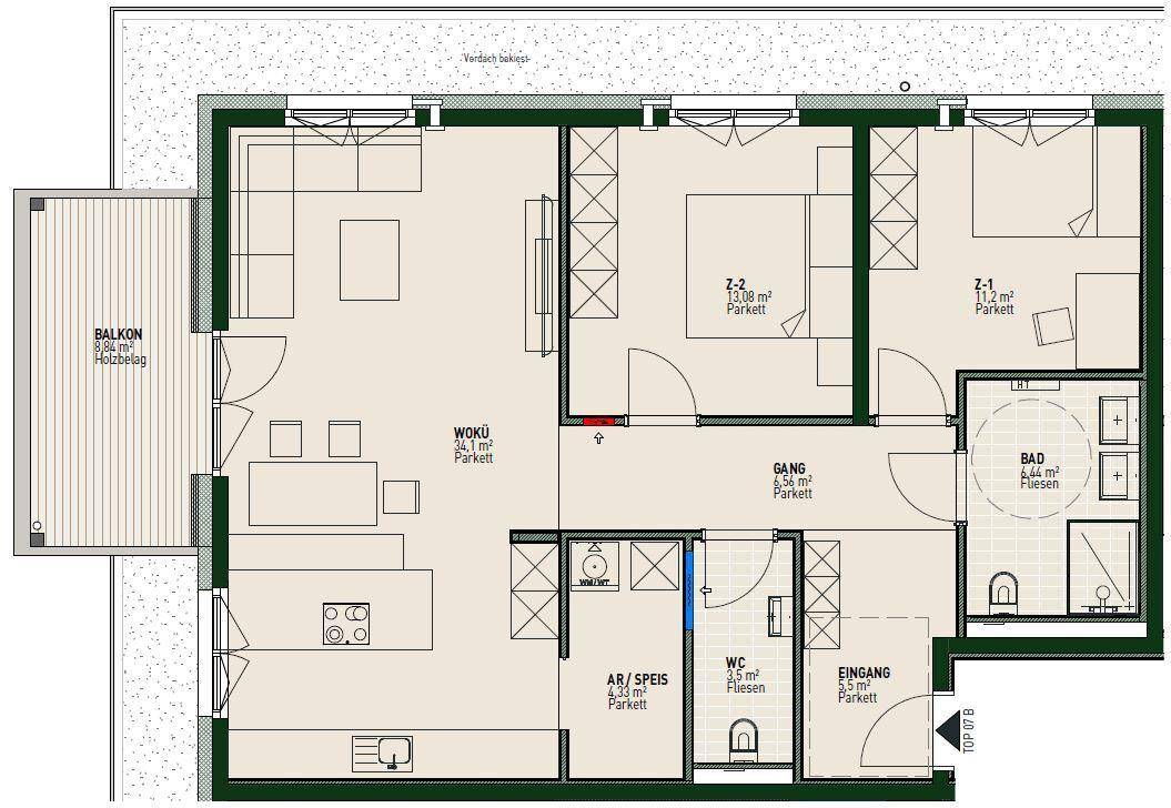 Übersichtlicher Grundriss mit offenem Wohnbereich, zwei Schlafzimmern und Balkon.