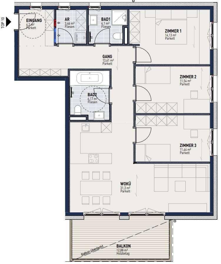 Grundriss einer Wohnung mit drei Zimmern, zwei Bädern, Abstellraum und großem Balkon.