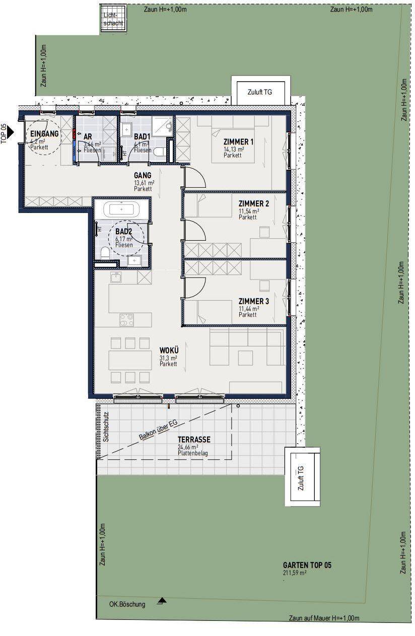 Grundriss einer Wohnung mit drei Zimmern, zwei Bädern, einer Wohnküche, Terrasse und großem Garten.