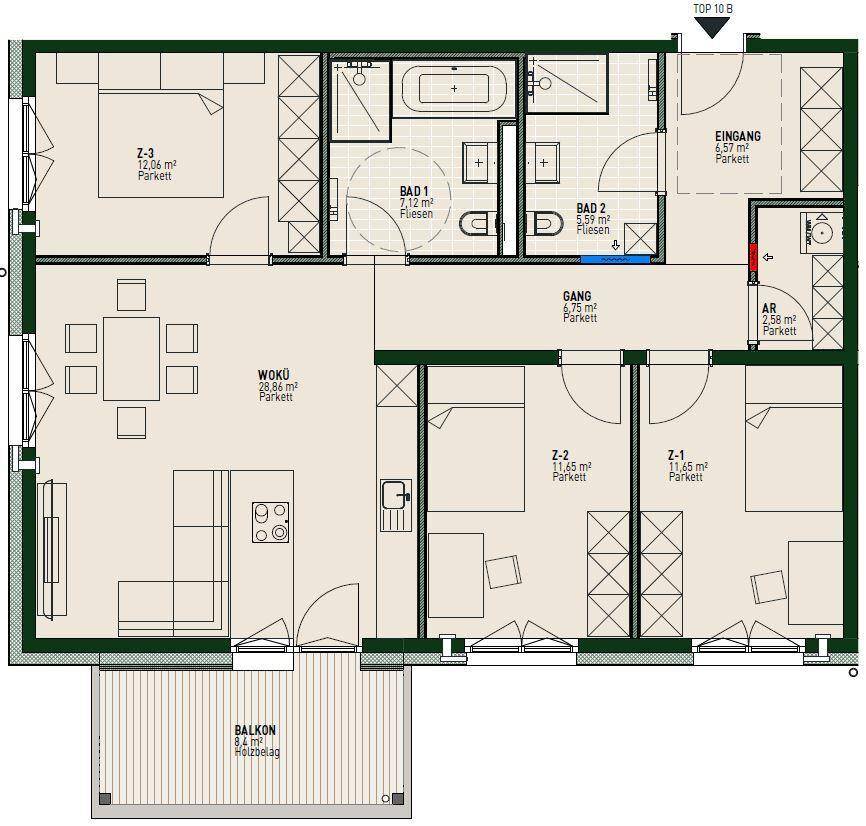 Übersichtlicher Grundriss einer Wohnung mit drei Zimmern, zwei Bädern und Balkon.