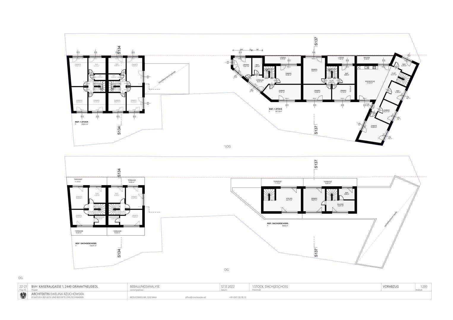 Grundrisse des Ober- und Dachgeschosses mit Wohnbereichen, Bädern und Balkonen.