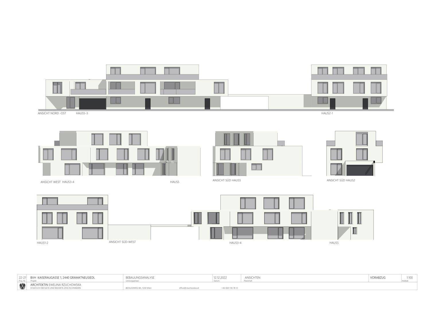 Architektonische Ansichten des Gebäudekomplexes von verschiedenen Seiten mit modernen Fassaden.