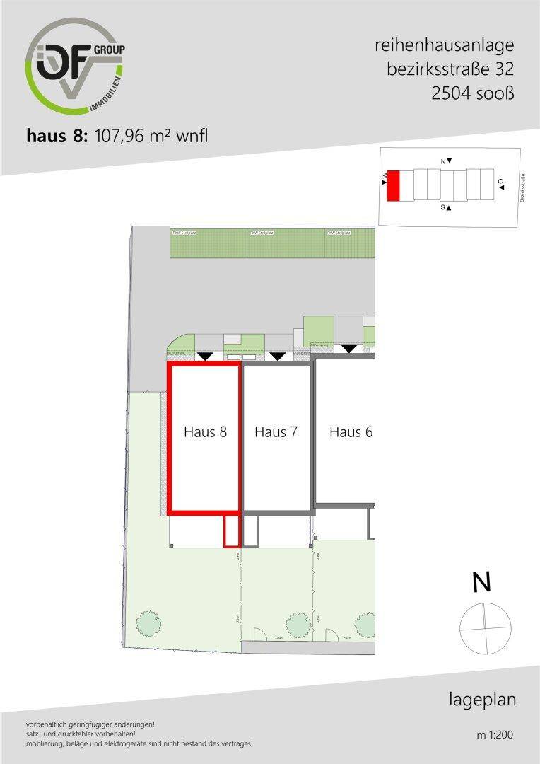 Lageplan der Reihenhausanlage mit Haus 8 hervorgehoben und Grundstücksgrenzen.