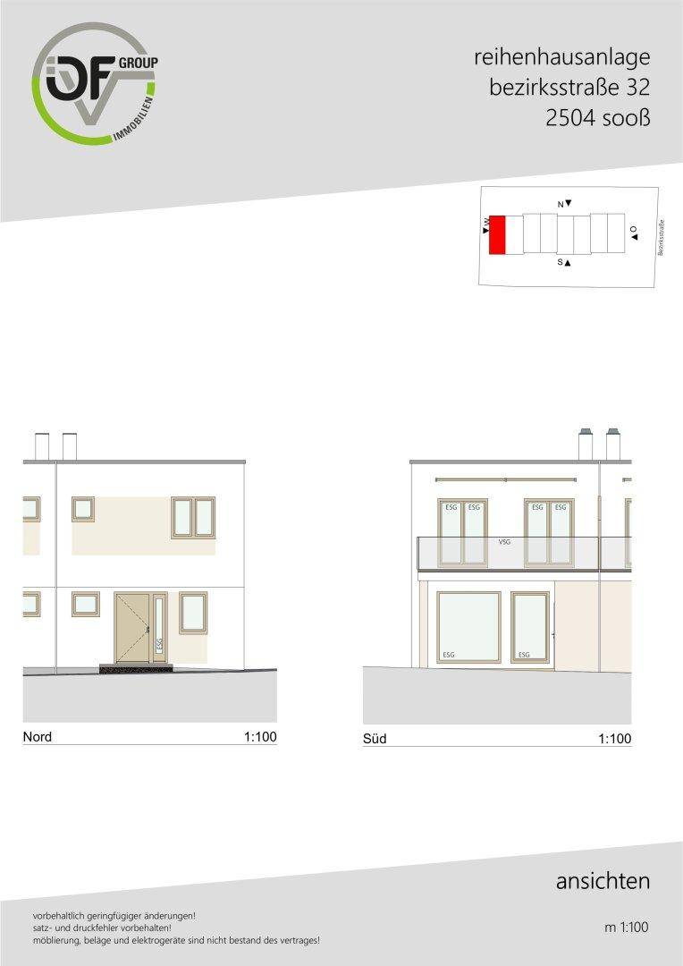 Ansichten der Nord- und Südfassade des Reihenhauses mit Fenstern und Balkonen.