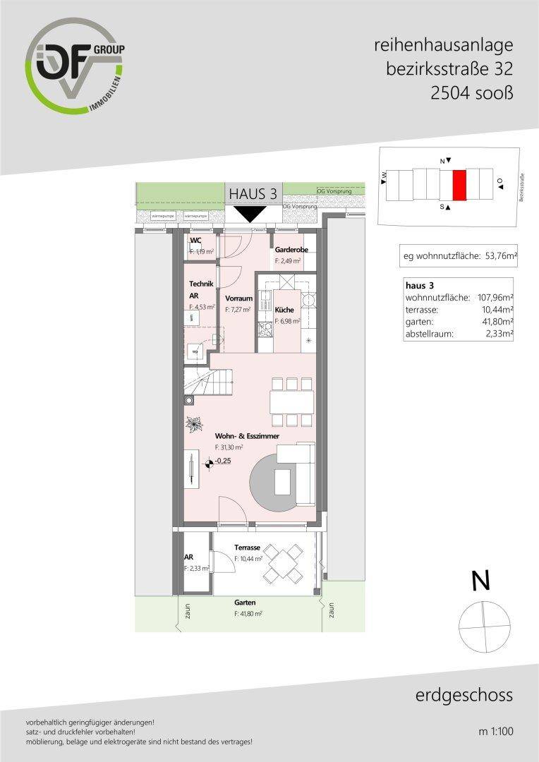 Grundriss des Erdgeschosses von Haus 3 mit offenem Wohn-Esszimmer, Küche, Terrasse und Garten.