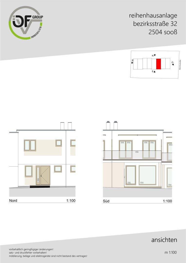 Ansichten der Nord- und Südfassade des Reihenhauses mit Fenstern und Balkonen.