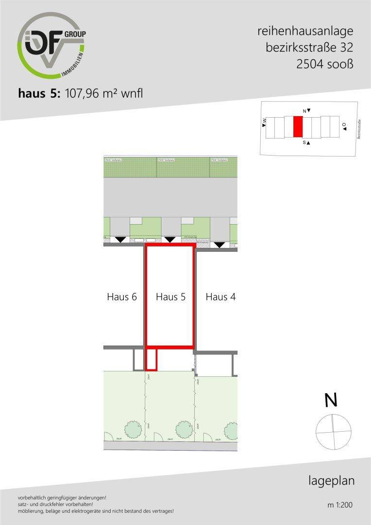 Lageplan zeigt die Position von Haus 5 innerhalb der Reihenhausanlage mit Garten und Terrasse.