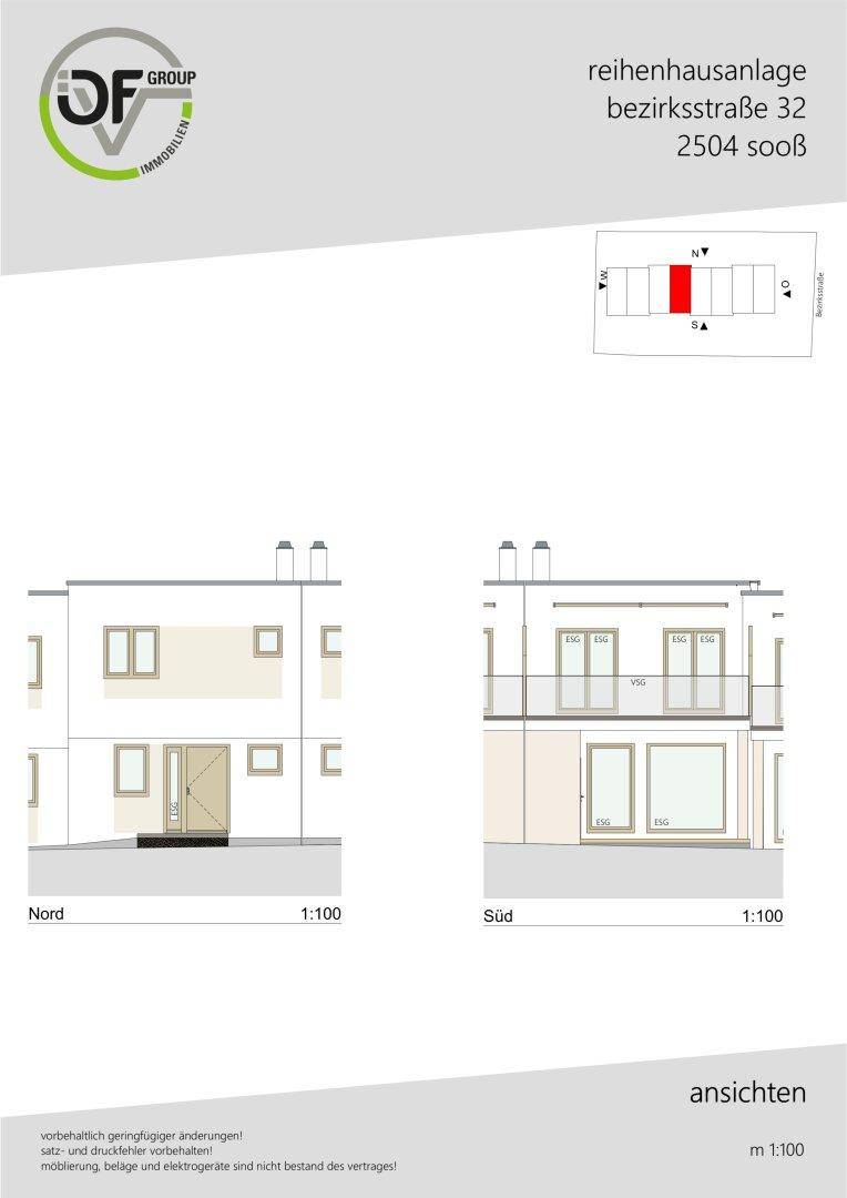 Ansichten des Hauses von der Nord- und Südseite mit Fenstern, Balkon und Terrasse.
