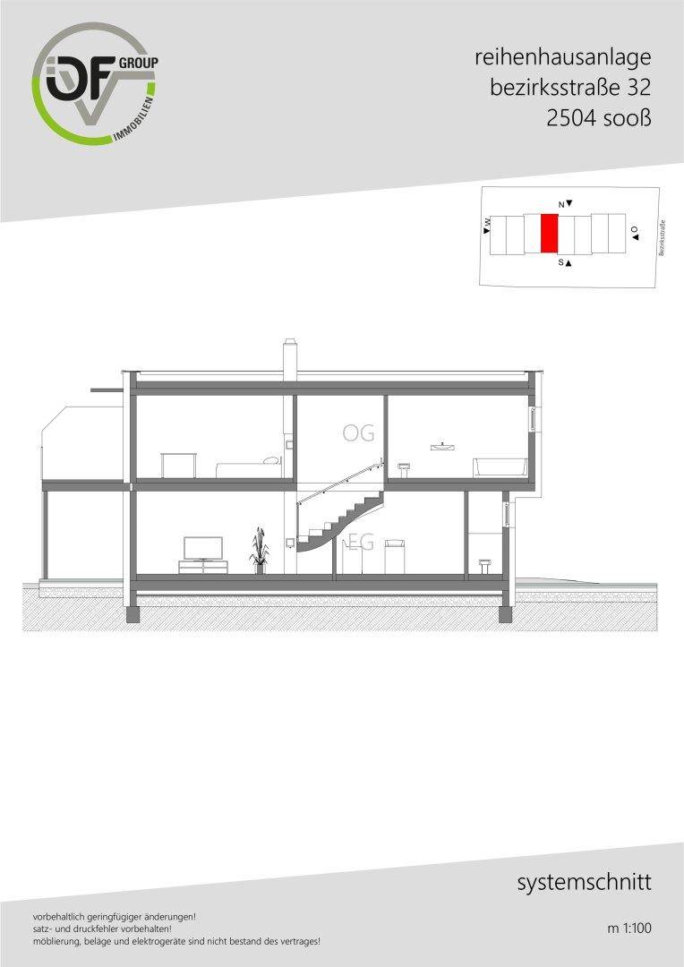 Systemschnitt des Hauses zeigt die Aufteilung von Erd- und Obergeschoss mit Treppe.