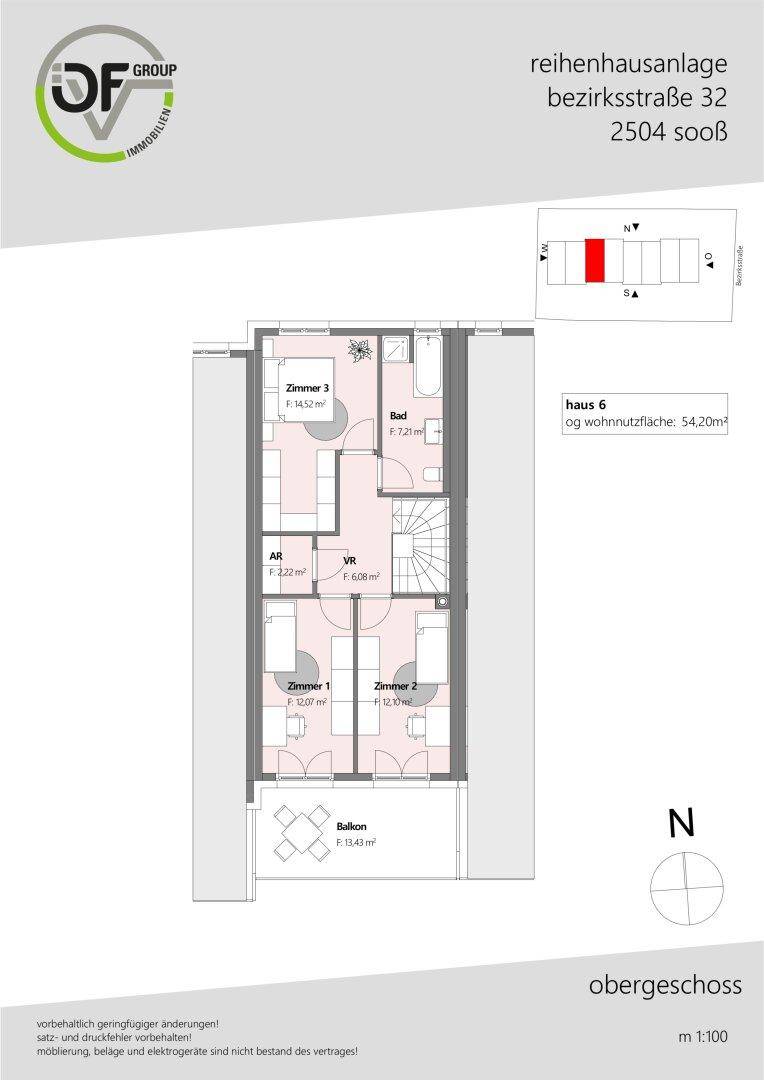 Grundriss des Obergeschosses von Haus 6 mit drei Schlafzimmern, Bad und Balkon.
