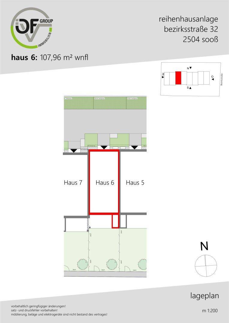 Lageplan der Reihenhausanlage mit der Position von Haus 6 zwischen Haus 5 und Haus 7.