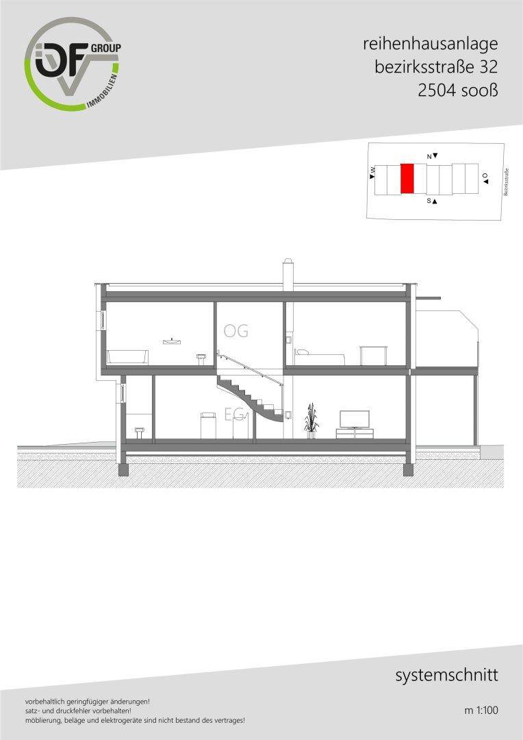 Systemschnitt des Reihenhauses zeigt die Aufteilung über Erd- und Obergeschoss mit Treppe.