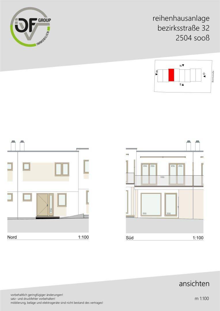 Ansichten der Nord- und Südfassade des Reihenhauses mit Fenstern und Balkonen.