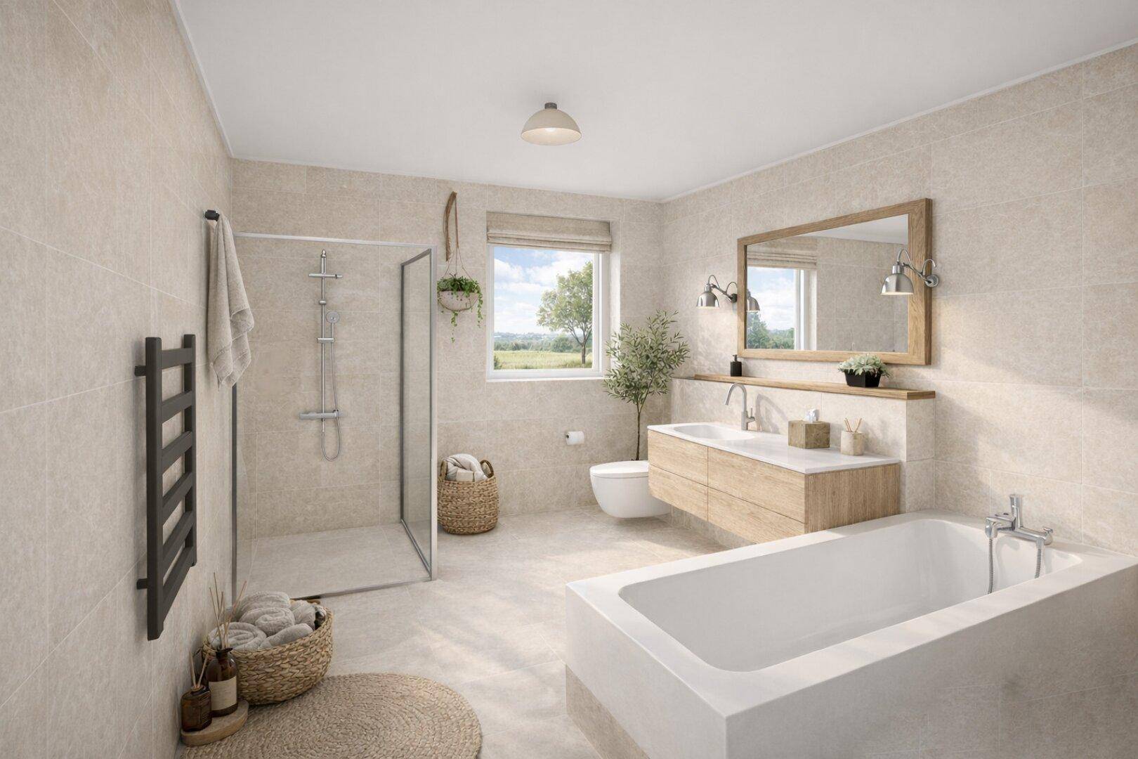 Modernes Badezimmer mit begehbarer Dusche, Badewanne, schwebendem Waschtisch und Fenster mit Blick ins Grüne.
