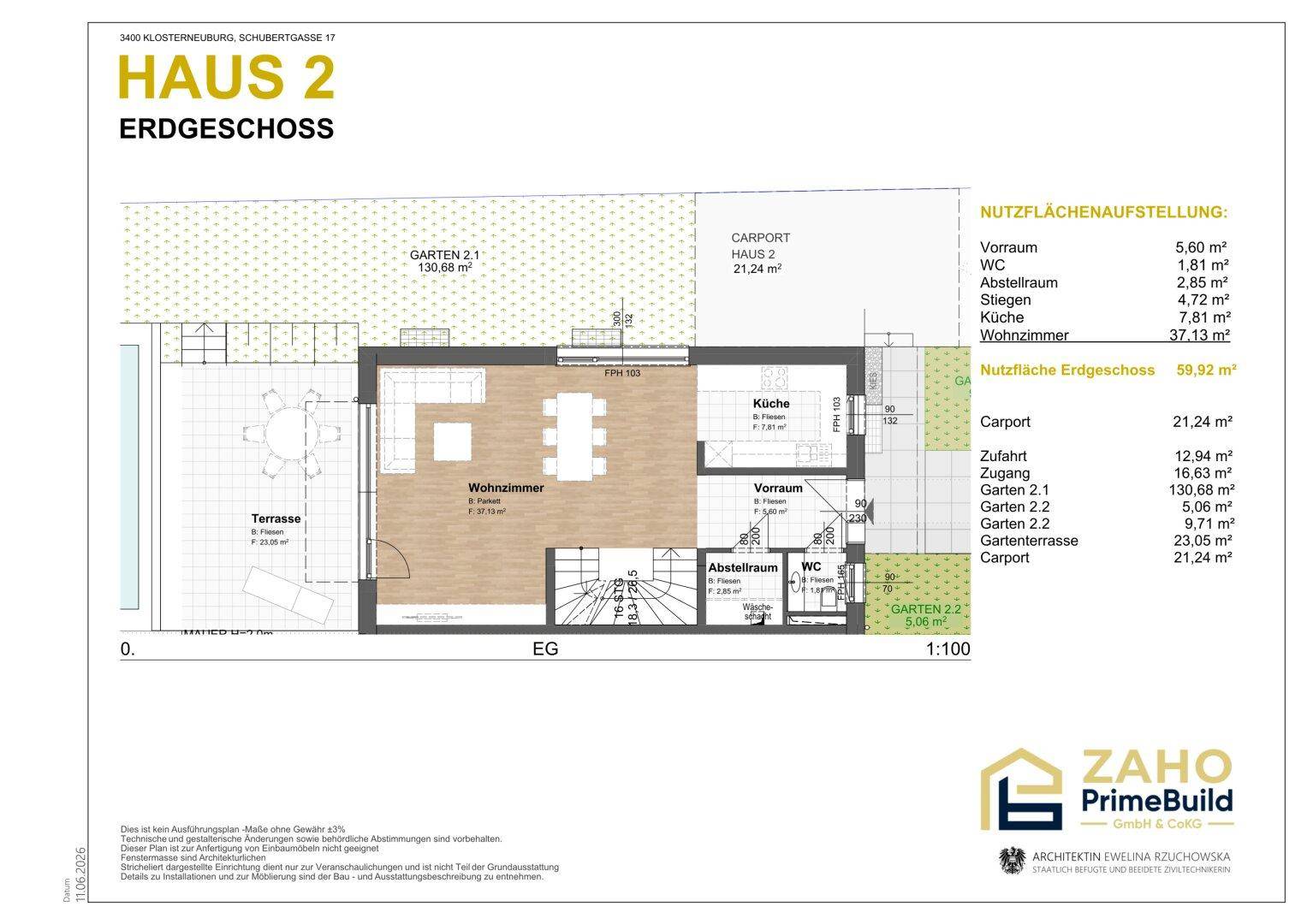Grundriss des Erdgeschosses von Haus 2 mit Wohnzimmer, Küche, WC und Zugang zu Terrasse und Garten.