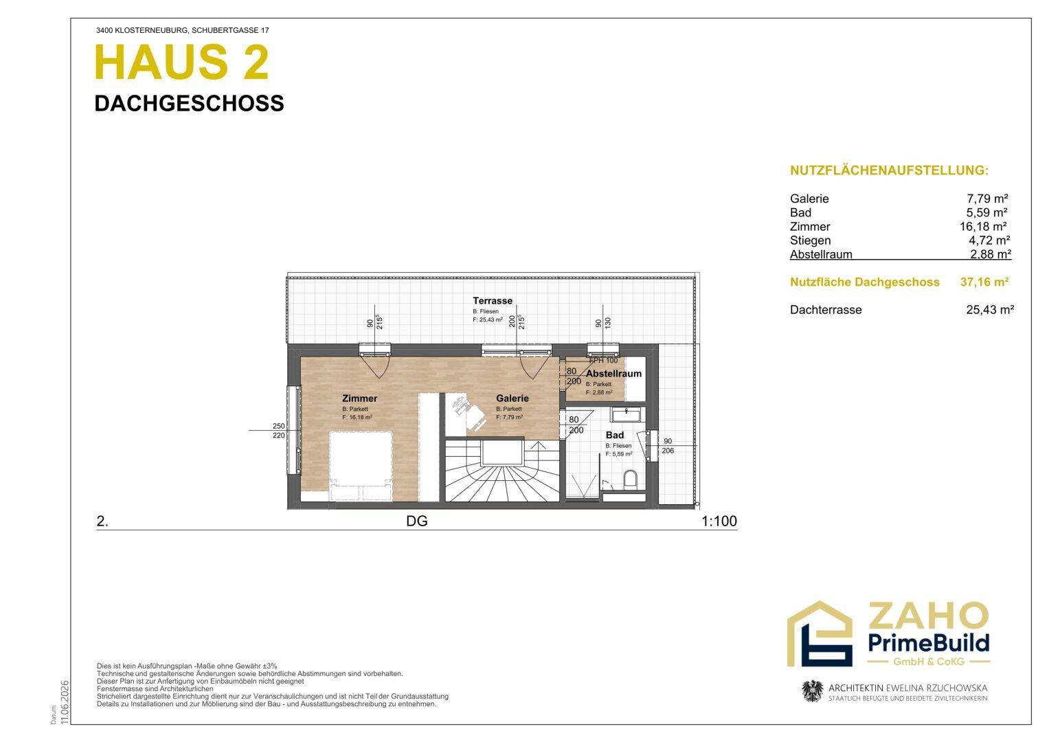 Grundriss des Dachgeschosses von Haus 2 mit Zimmer, Galerie, Bad und großer Dachterrasse.