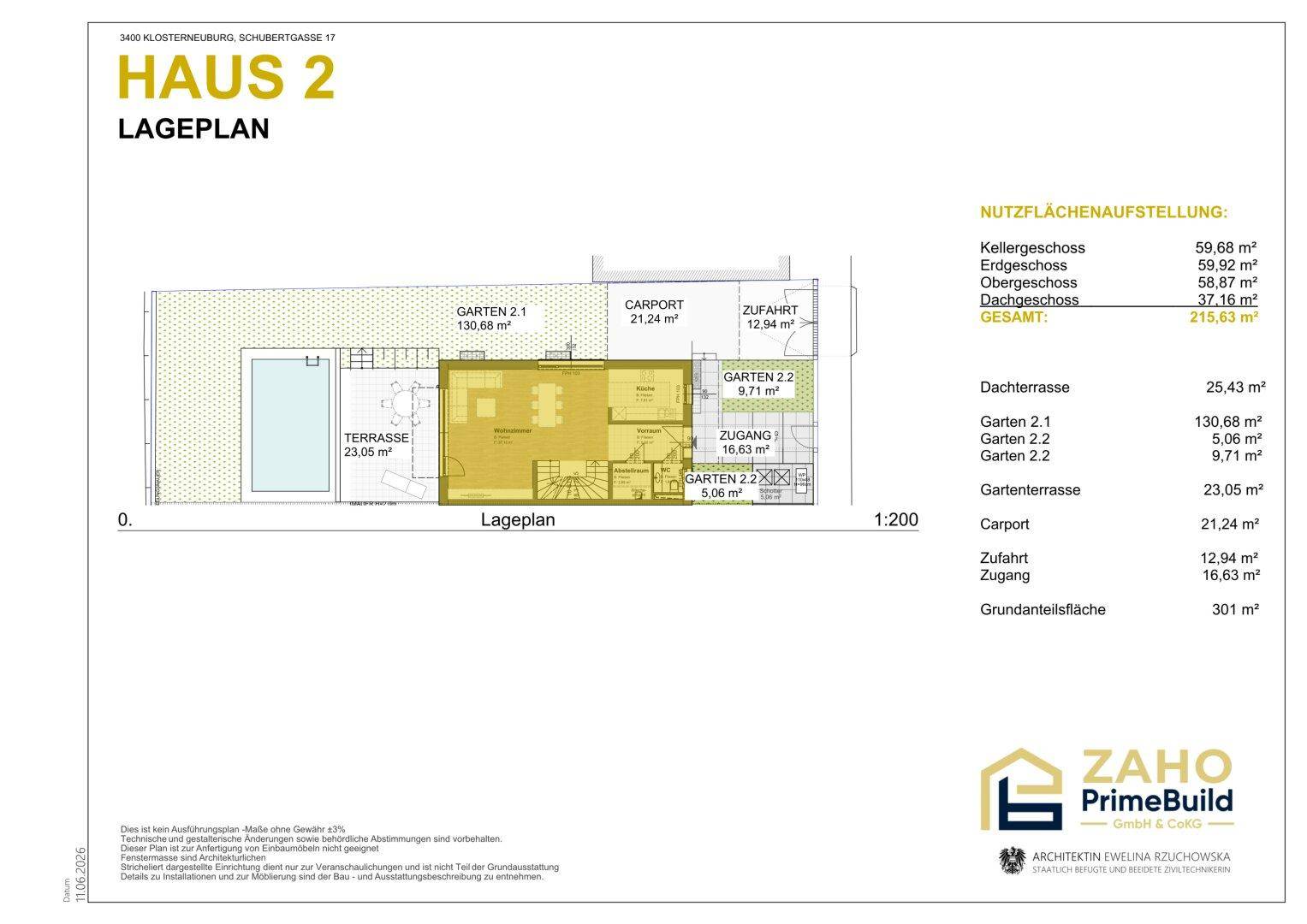 Lageplan von Haus 2 mit Grundstück, Carport, Terrasse und Gartenbereichen inklusive Pool.
