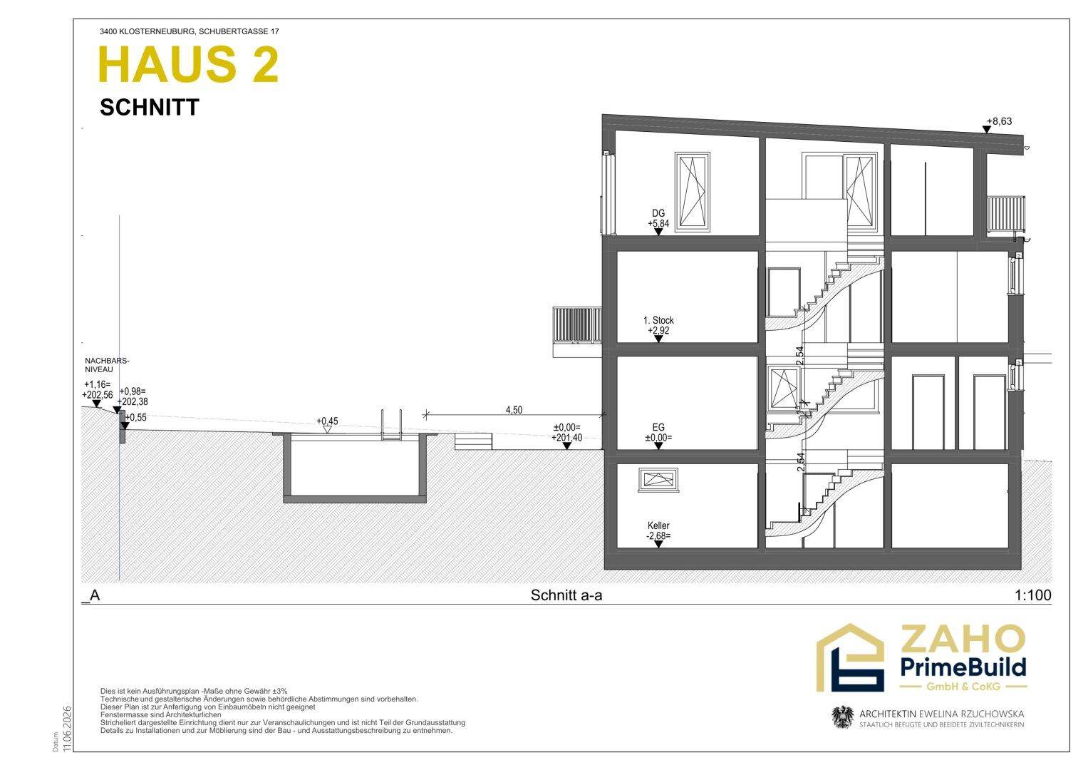 Schnittansicht von Haus 2 zeigt die vertikale Struktur über vier Ebenen mit Keller und Dachgeschoss.