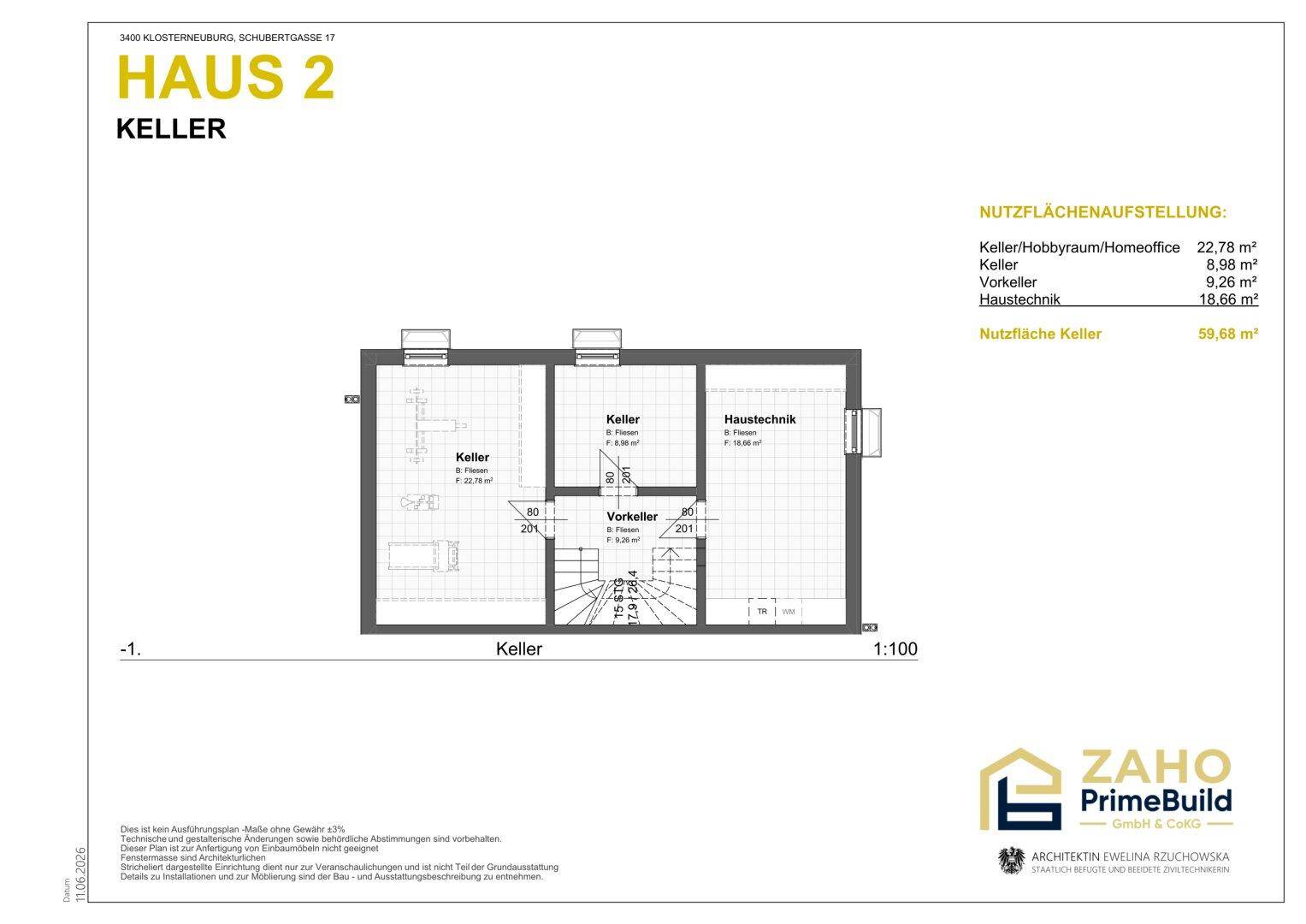 Grundriss des Kellers von Haus 2 mit Hobbyraum, Technikraum und Abstellflächen.