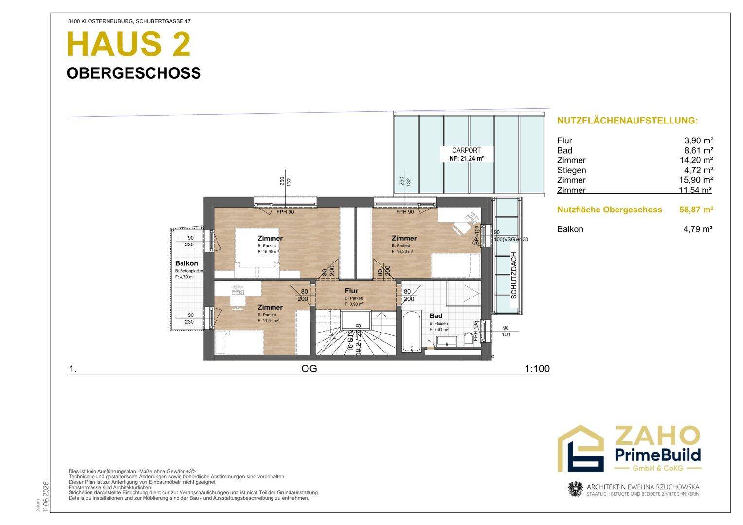 Grundriss des Obergeschosses von Haus 2 mit mehreren Zimmern, Bad und Balkonzugang.
