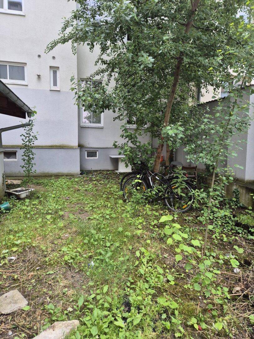 Kleiner, einfacher Gartenbereich neben dem Gebäude mit Bäumen und Abstellmöglichkeiten für Fahrräder.
