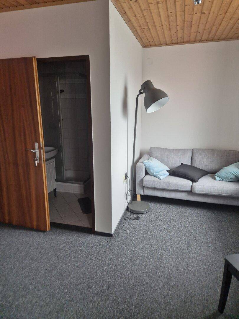 Gemütliches Zimmer mit Sofa, Stehlampe und Zugang zu einem kleinen Badezimmer mit Dusche.