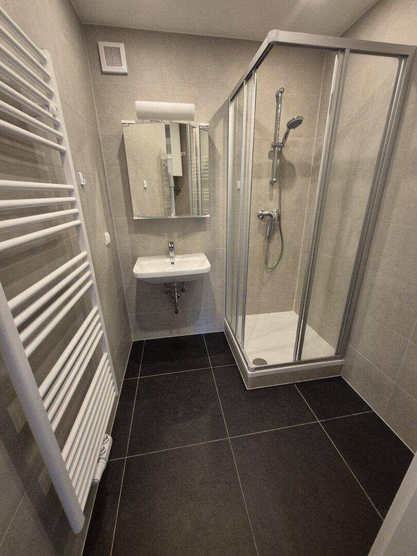Modernes Badezimmer mit Duschkabine, Waschbecken, Spiegelschrank und beheiztem Handtuchhalter.