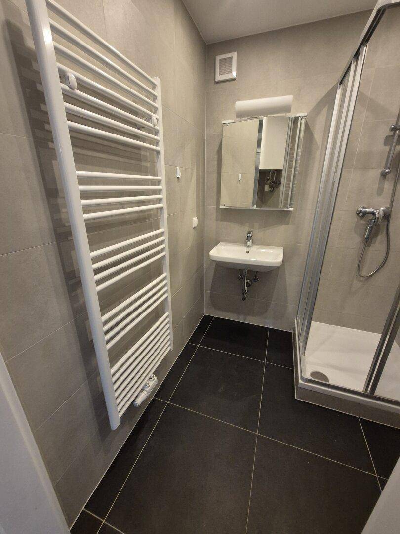 Modernes Badezimmer mit Duschkabine, Waschbecken, Spiegelschrank und beheiztem Handtuchhalter.