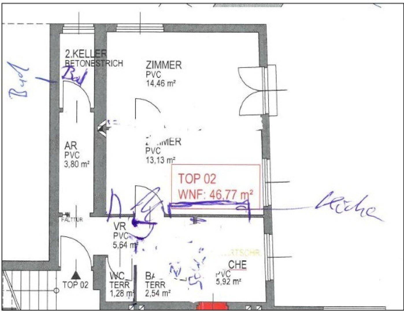 Grundriss der Wohnung mit Zimmern, Bad, WC und Terrasse, zeigt eine praktische Raumaufteilung.