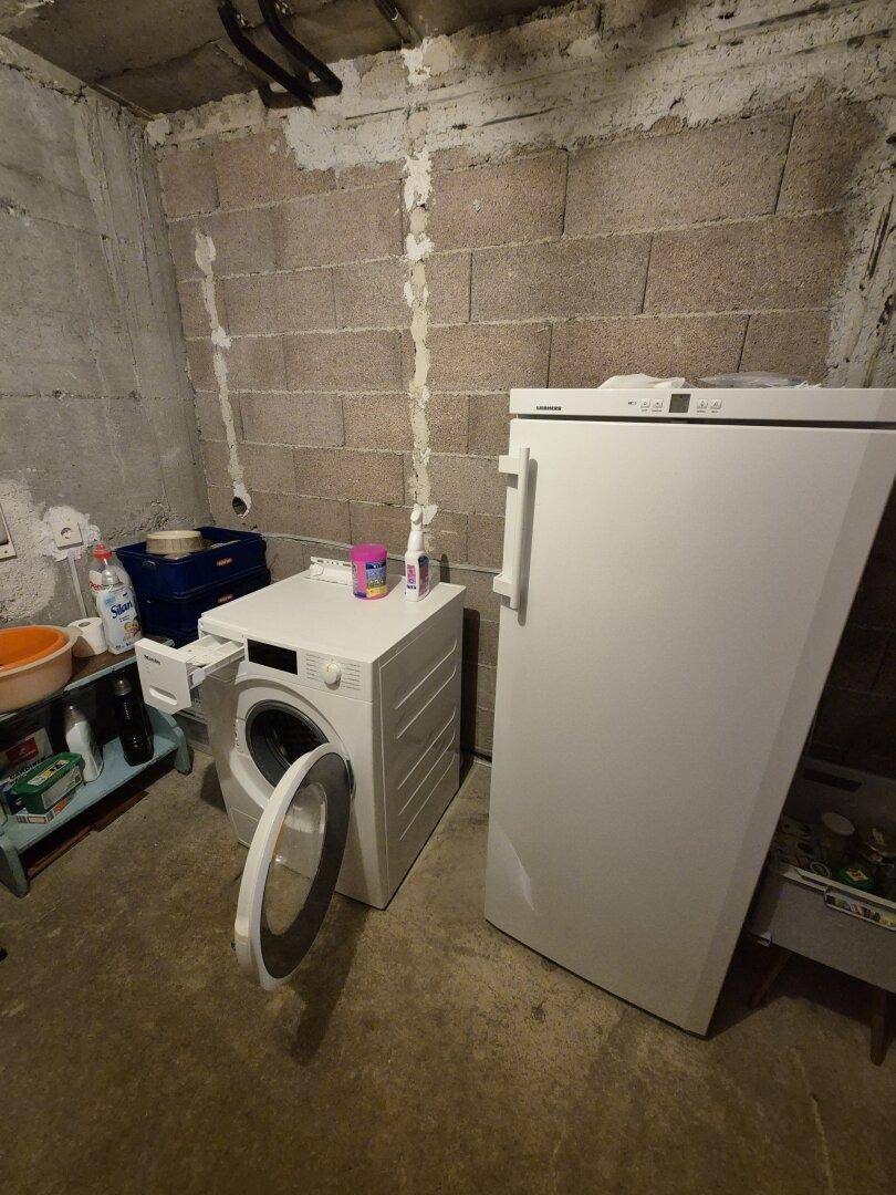 Waschmaschine und Gefrierschrank in einem Kellerraum mit unverputzten Ziegelwänden.