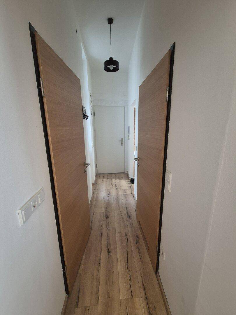Heller Flur mit Holzboden und zwei Holztüren, der zu weiteren Räumen führt.