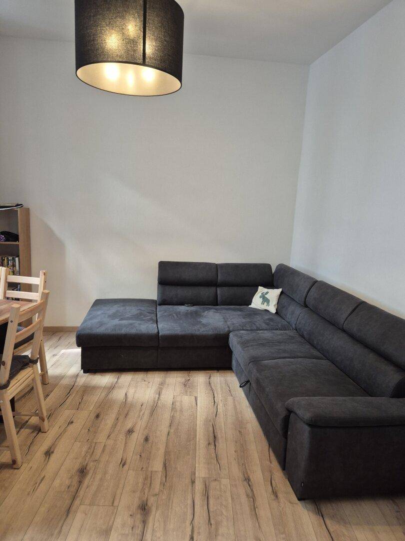Gemütlicher Wohnbereich mit großem Ecksofa und modernem Deckenlicht auf hellem Holzboden.