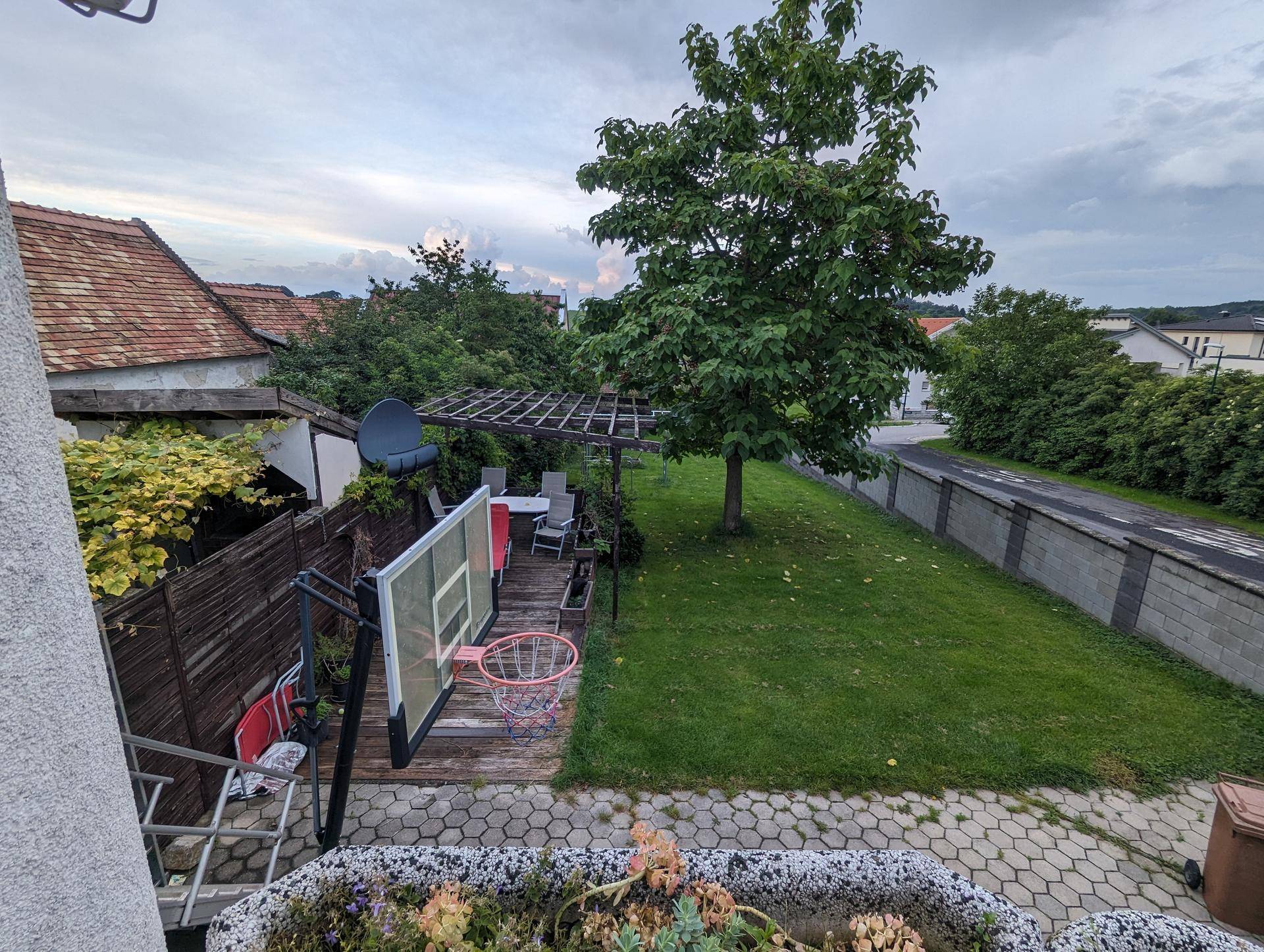 Hinterhof mit Rasenfläche, Holzterrasse, Basketballkorb und altem Baum.