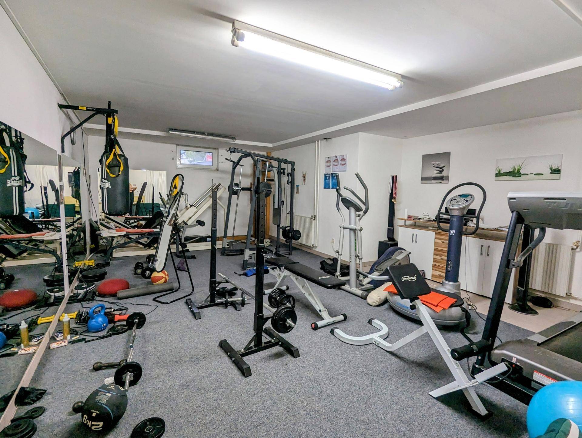 Fitnessraum im Keller mit einer Vielzahl von Trainingsmaschinen und Freihanteln.