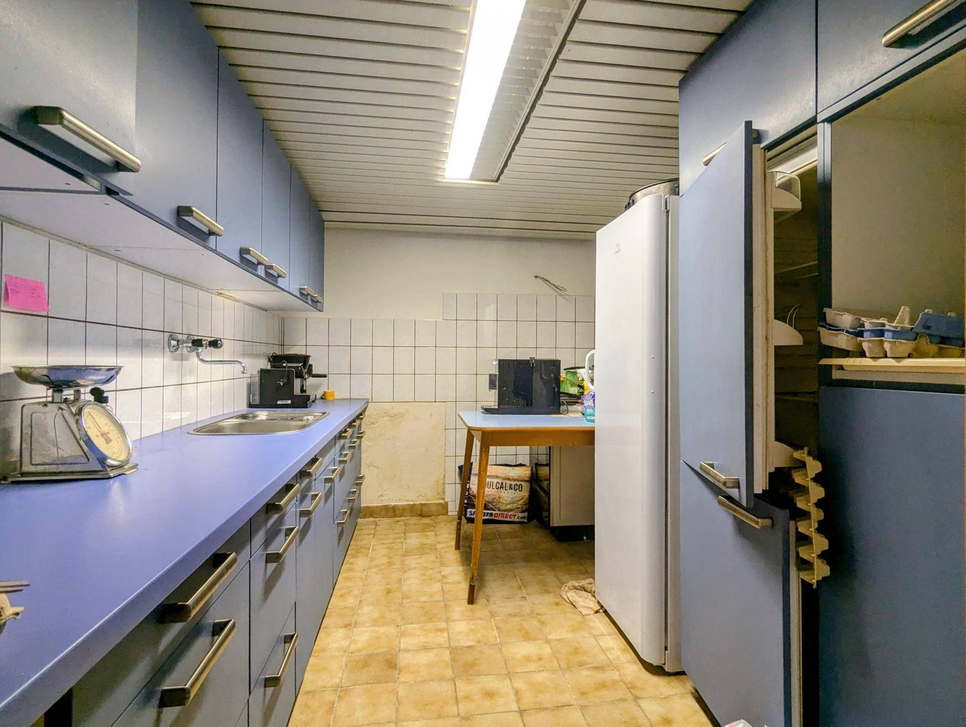 Funktionaler Kellerraum mit blauen Einbauschränken, Spüle und zusätzlichen Geräten.