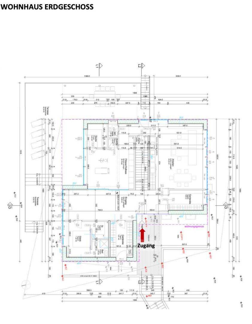 Grundriss des Erdgeschosses mit detaillierter Raumaufteilung und Zugangsbereich.